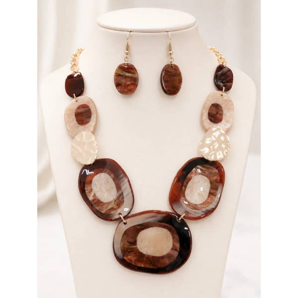 Orange & Brown Geometric Statement Necklace & Earrings Set