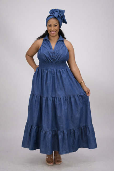 AD-26501 Women's Tiered Denim Maxi Dress with Matching Head Wrap