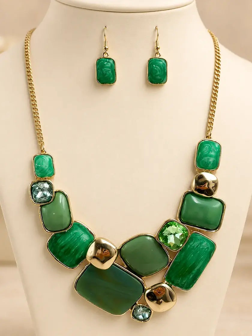 Green Geo Statement Necklace Set