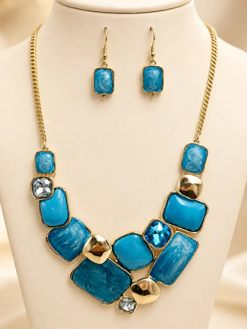 Turquoise Blue Geo Statement Necklace Set