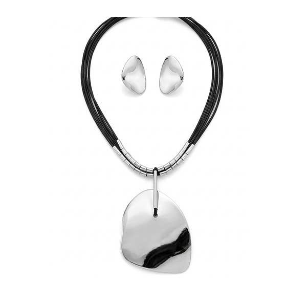 BLACK CORD SILVER PLATE PENDANT NECKLACE SET