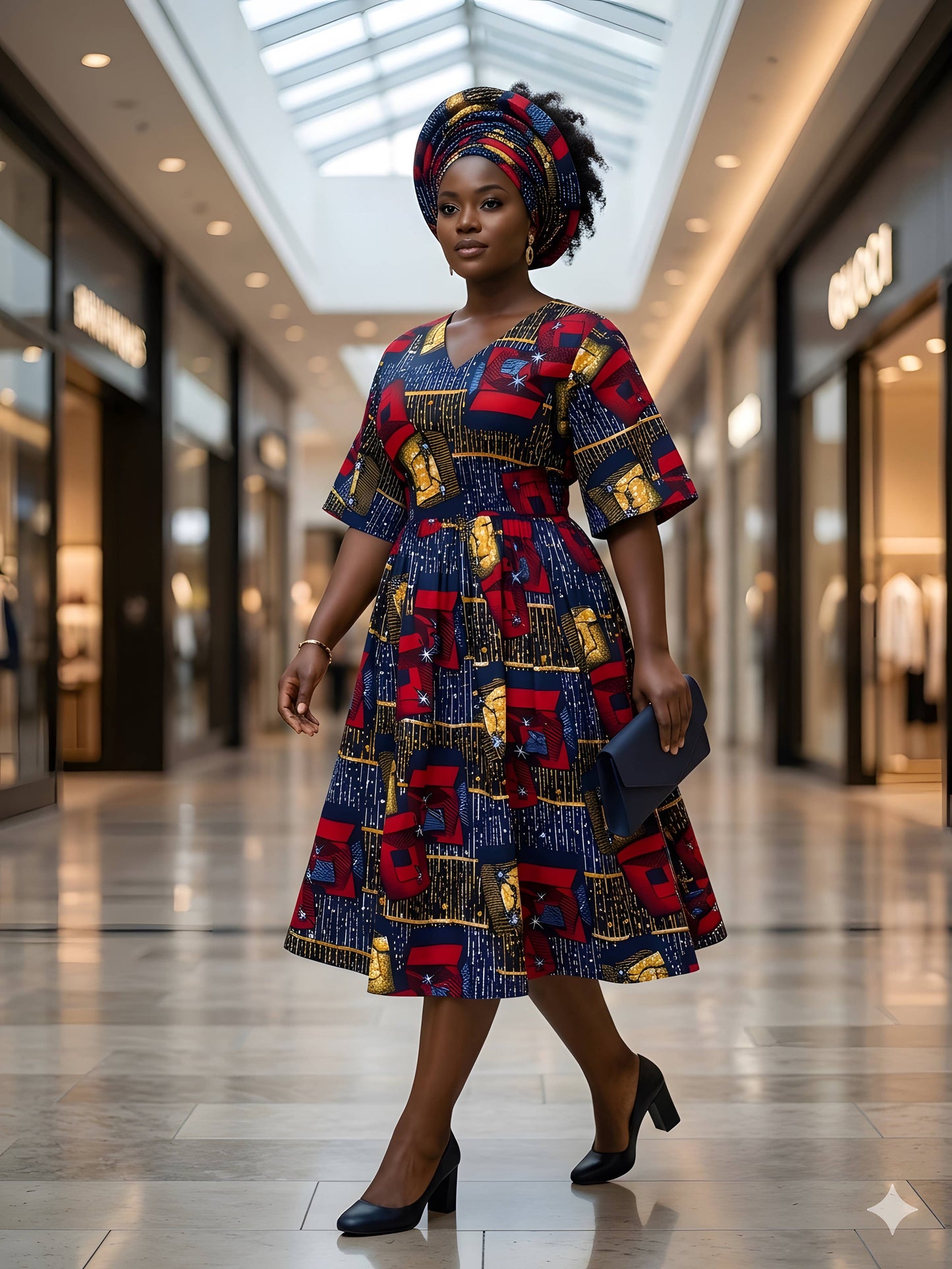 African Print Midi Dress with Matching Headwrap | One Size