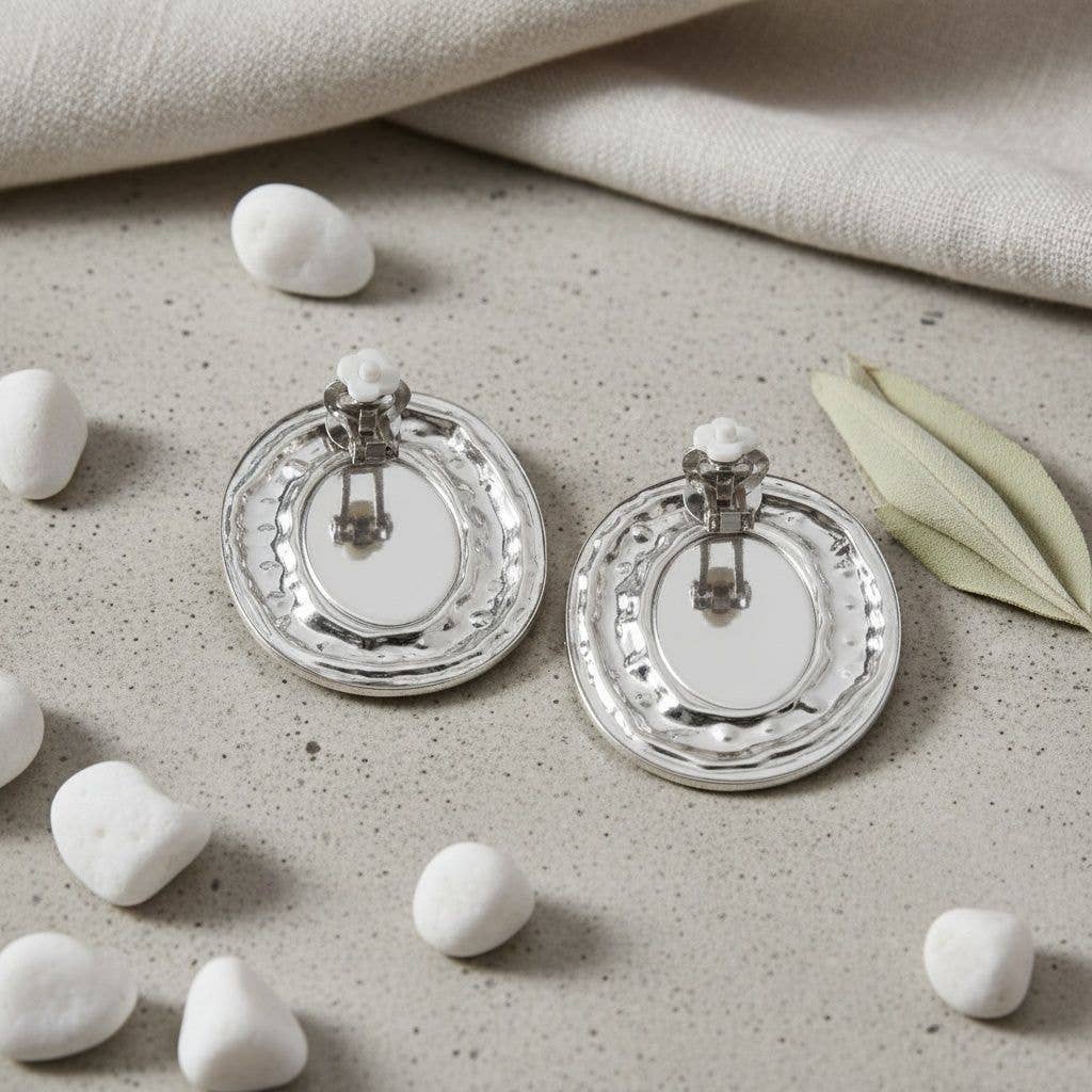 Clip On Organic Silver Oval White Pearl Earrings