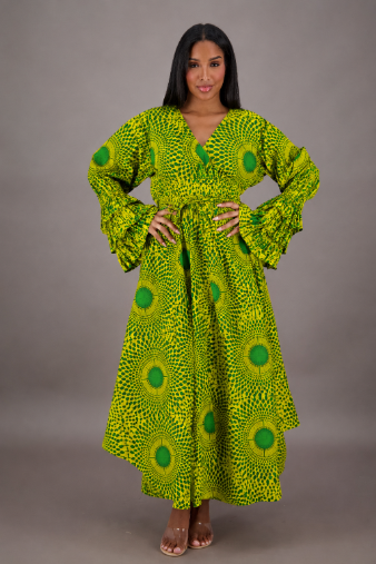 1624-293 Women's 100% Cotton African Wax Print Wrap Maxi Dress with Matching Head Wrap