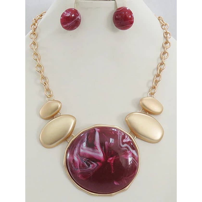 Large Gold Pebble and Marbled Resin Statement Necklace Set