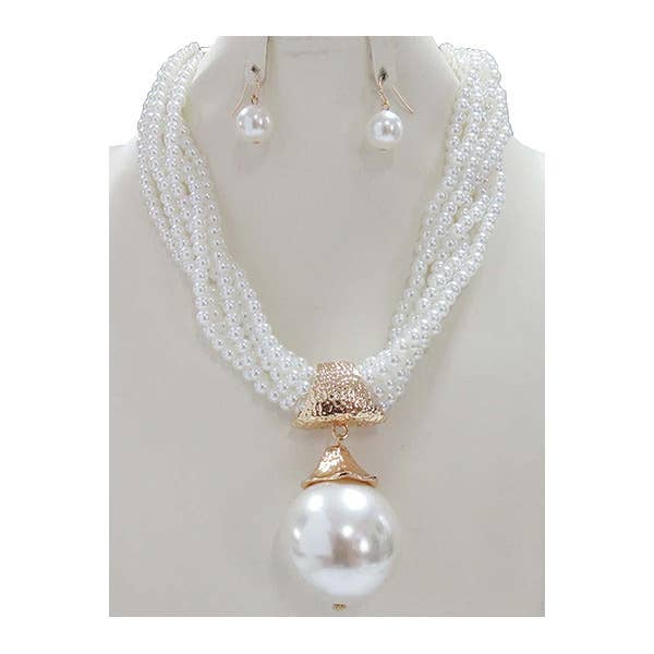 White Multi-Strand Pearl Necklace & Round Drop Earring Set
