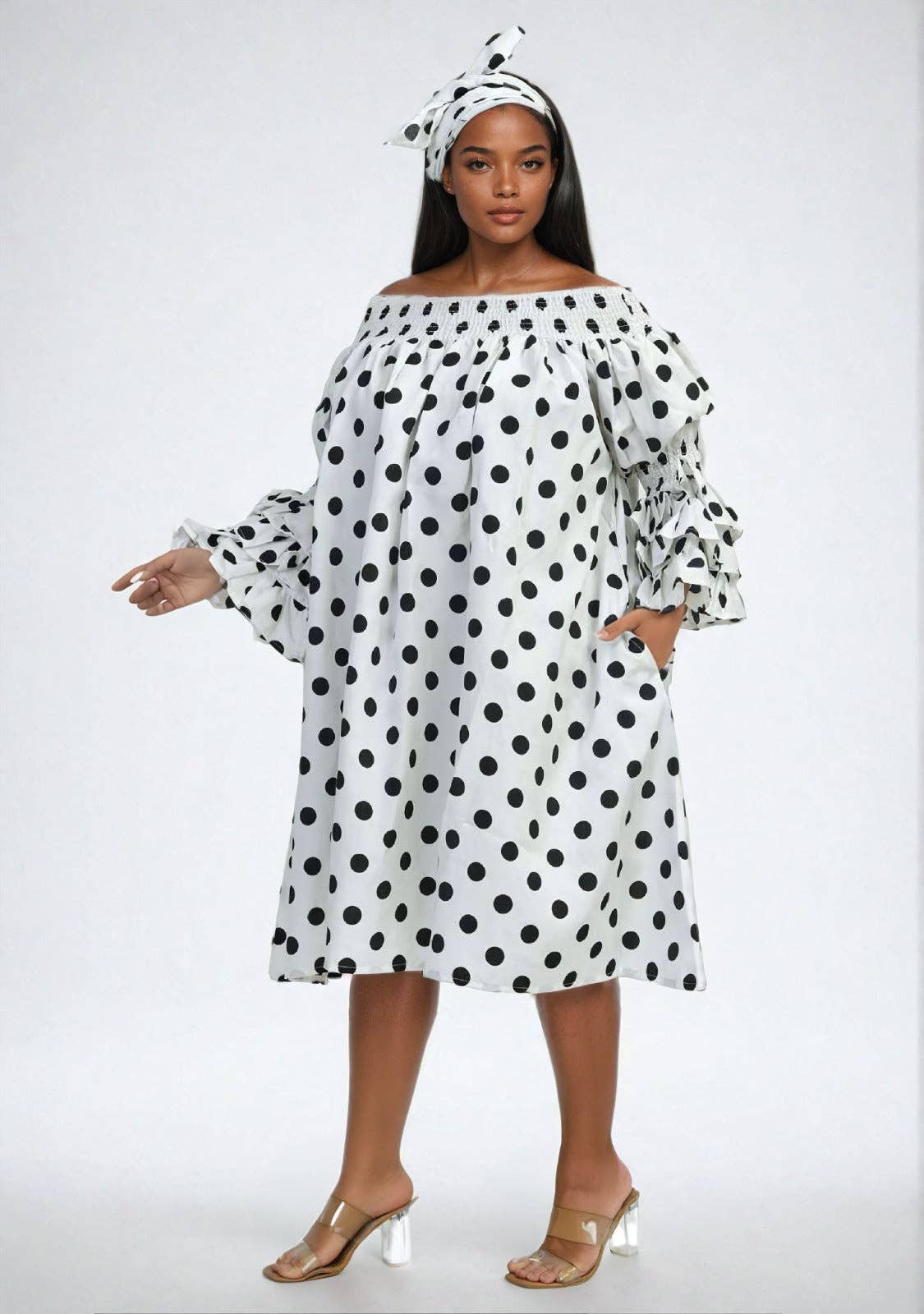 AD-25043-B090 Off Shoulder Ruffle Polka  DotSleeve   Midi Dress