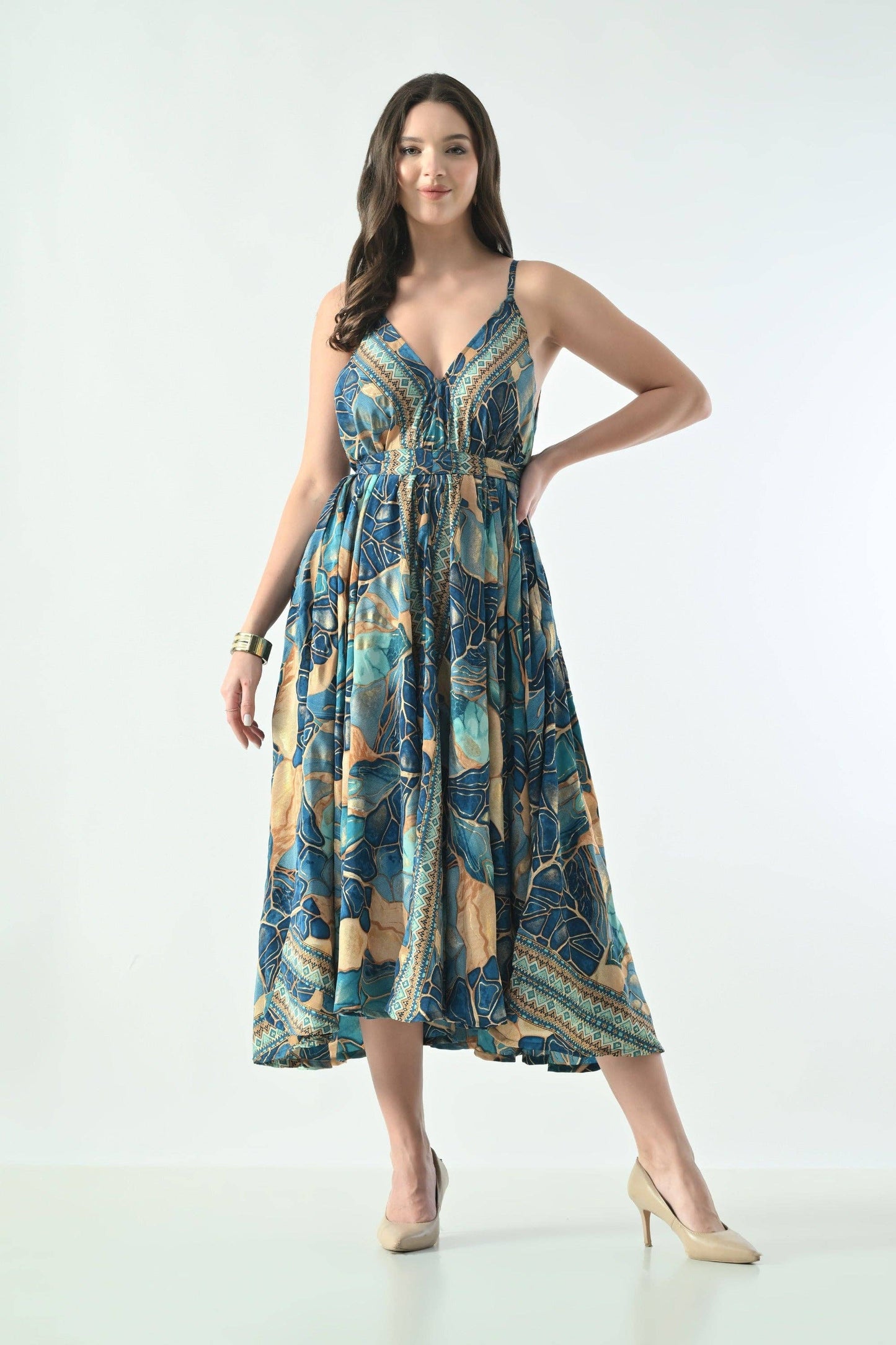 AB-16123  Geometric Print Maxi Dress with V-Neck & Adjustable Straps