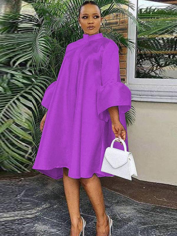 Urban Buttoned Solid Color Stand Collar Flared Sleeve Loose Mini Dress