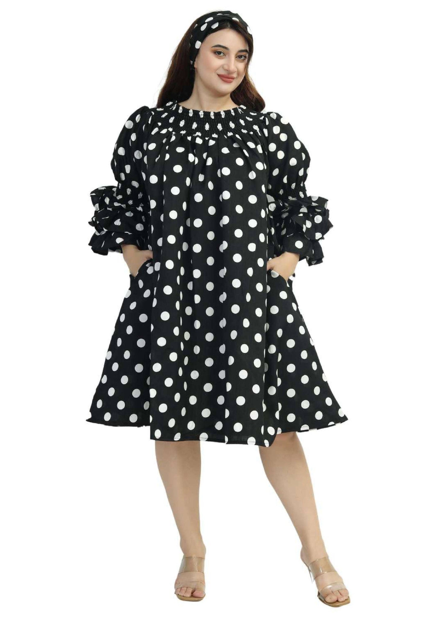 AD-25043-B090 Off Shoulder Ruffle Polka  DotSleeve   Midi Dress