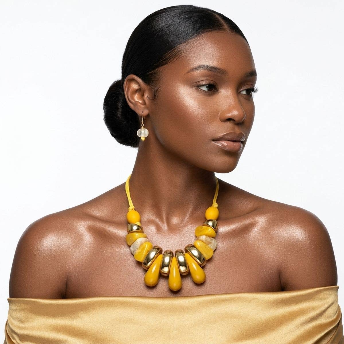 Yellow & Gold Resin Teardrop Cord Tribal Necklace
