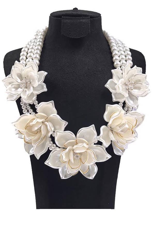 Iconic Flower Layered Pearl Statement Necklace Set