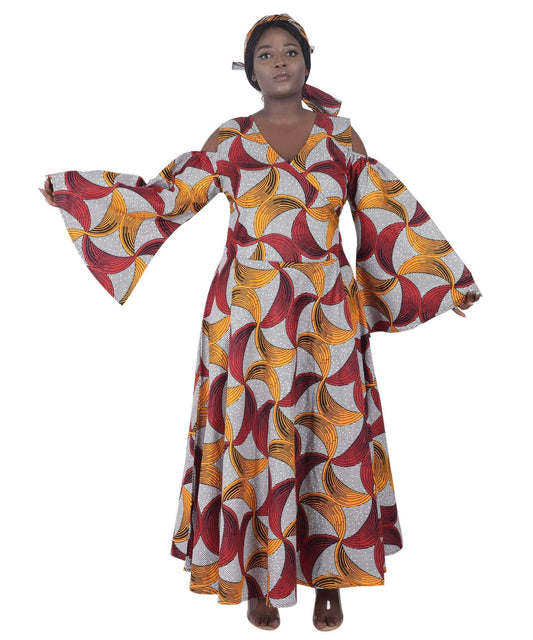 Bell Sleeves African Print Wrap Dress 1918