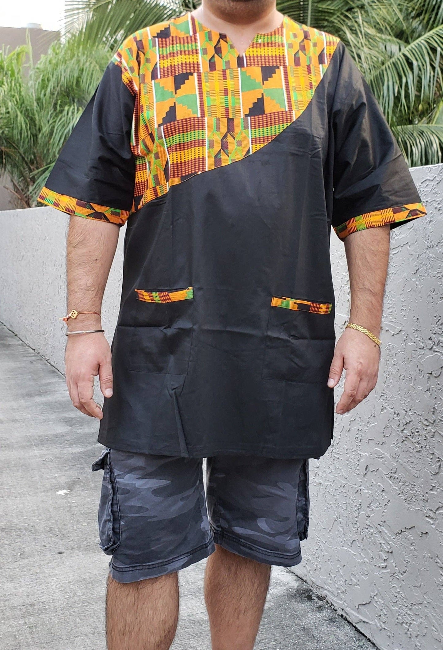 Men Tunic Shirt With Kufi Hat / Kente Accent- Black M040
