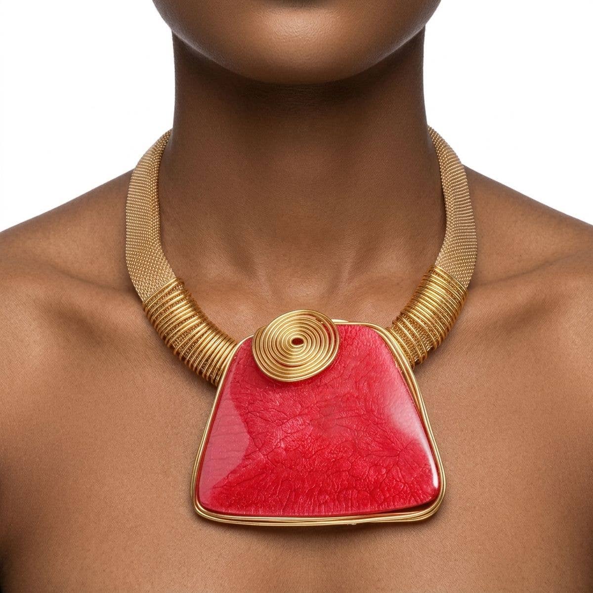 Large Red Resin Pendant Gold Mesh Collar Necklace