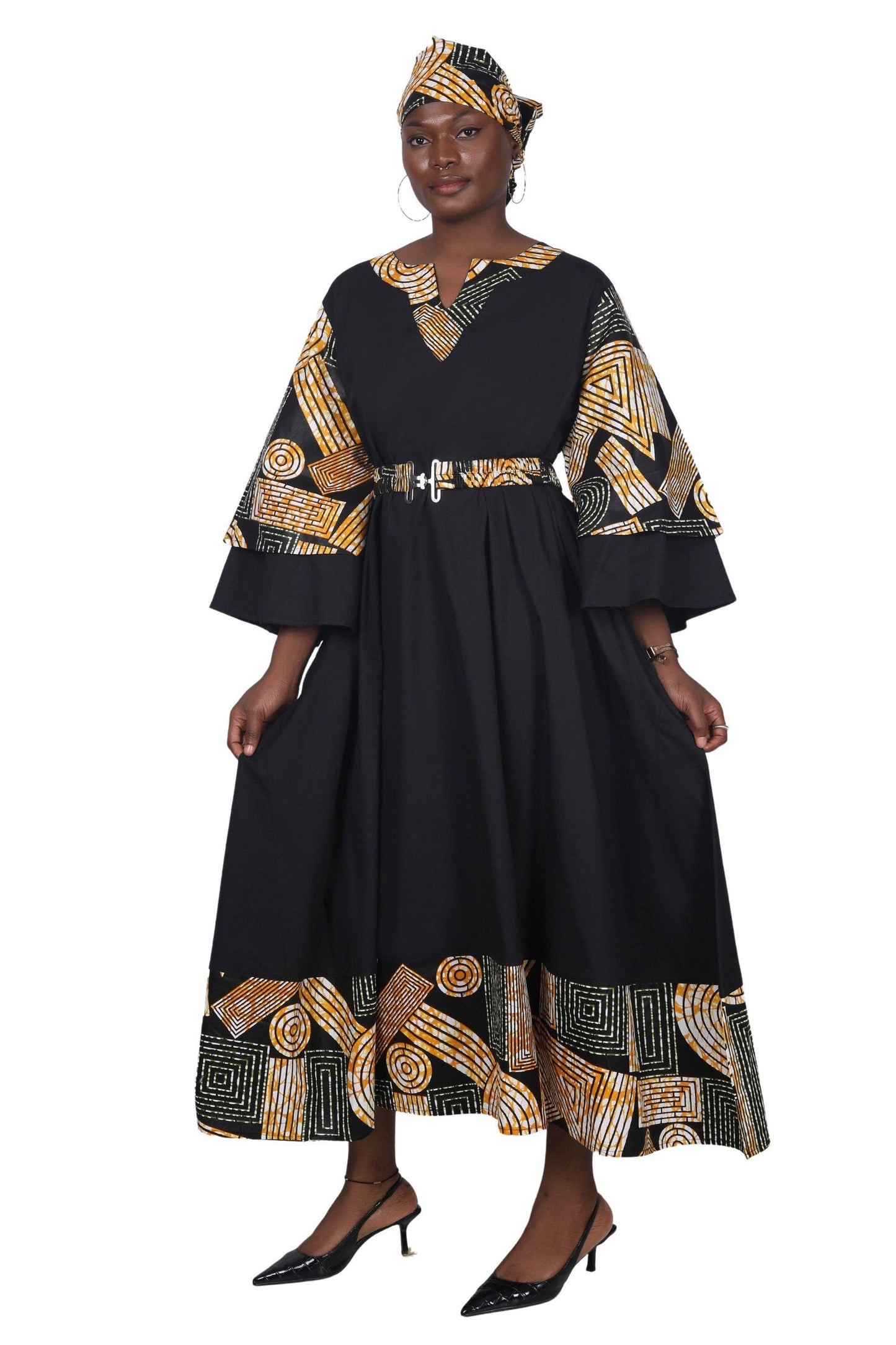 Belted Wax Print Maxi Dress AD-25085-271