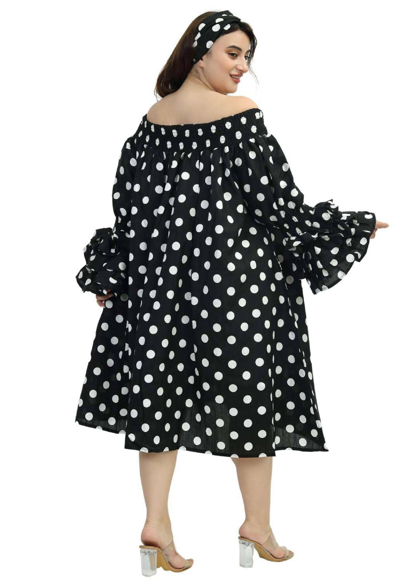 AD-25043-B090 Off Shoulder Ruffle Polka  DotSleeve   Midi Dress