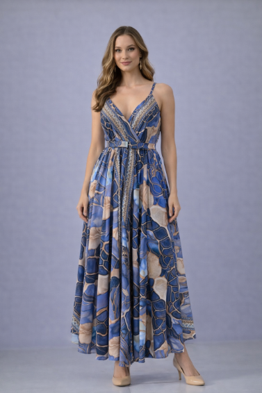AB-16123  Geometric Print Maxi Dress with V-Neck & Adjustable Straps
