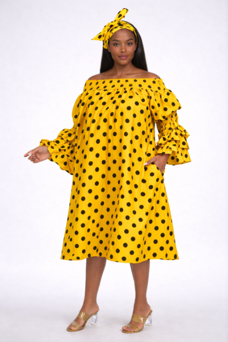 AD-25043-B090 Off Shoulder Ruffle Polka  DotSleeve   Midi Dress