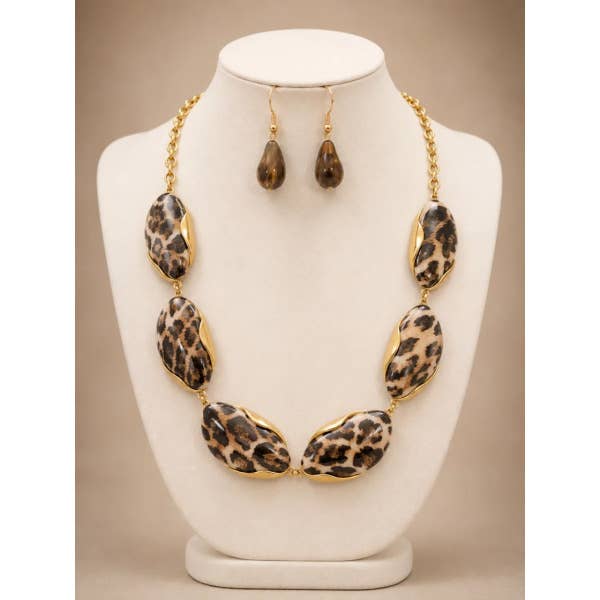 Leopard Print Gold Statement Necklace & Earrings Set