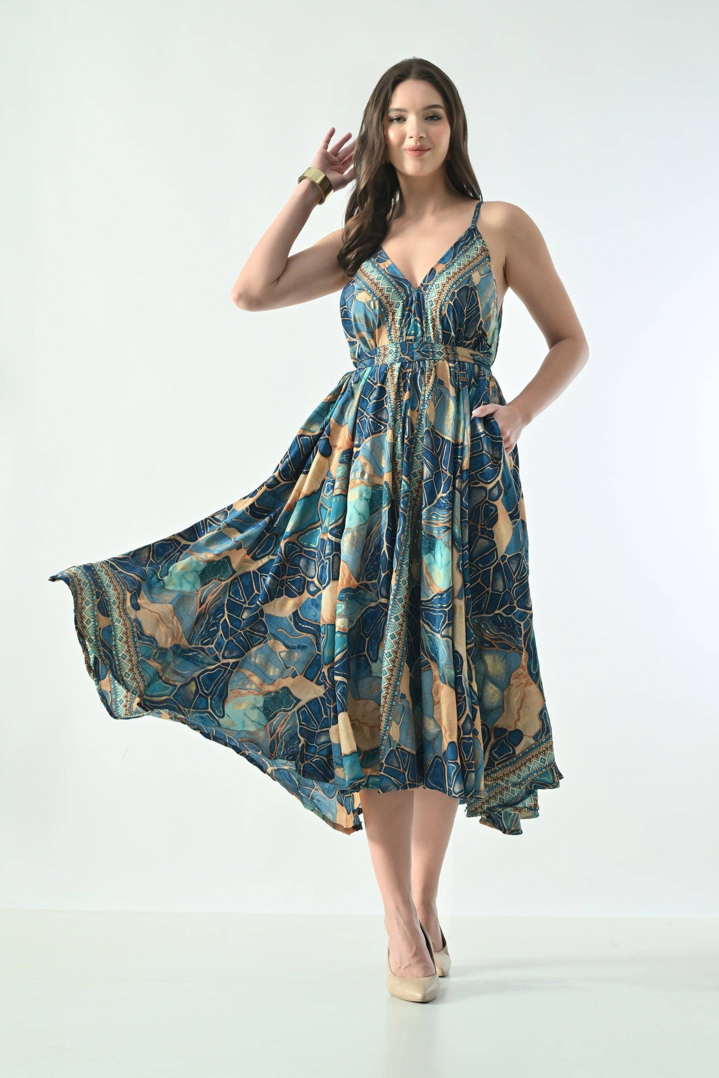 AB-16123  Geometric Print Maxi Dress with V-Neck & Adjustable Straps