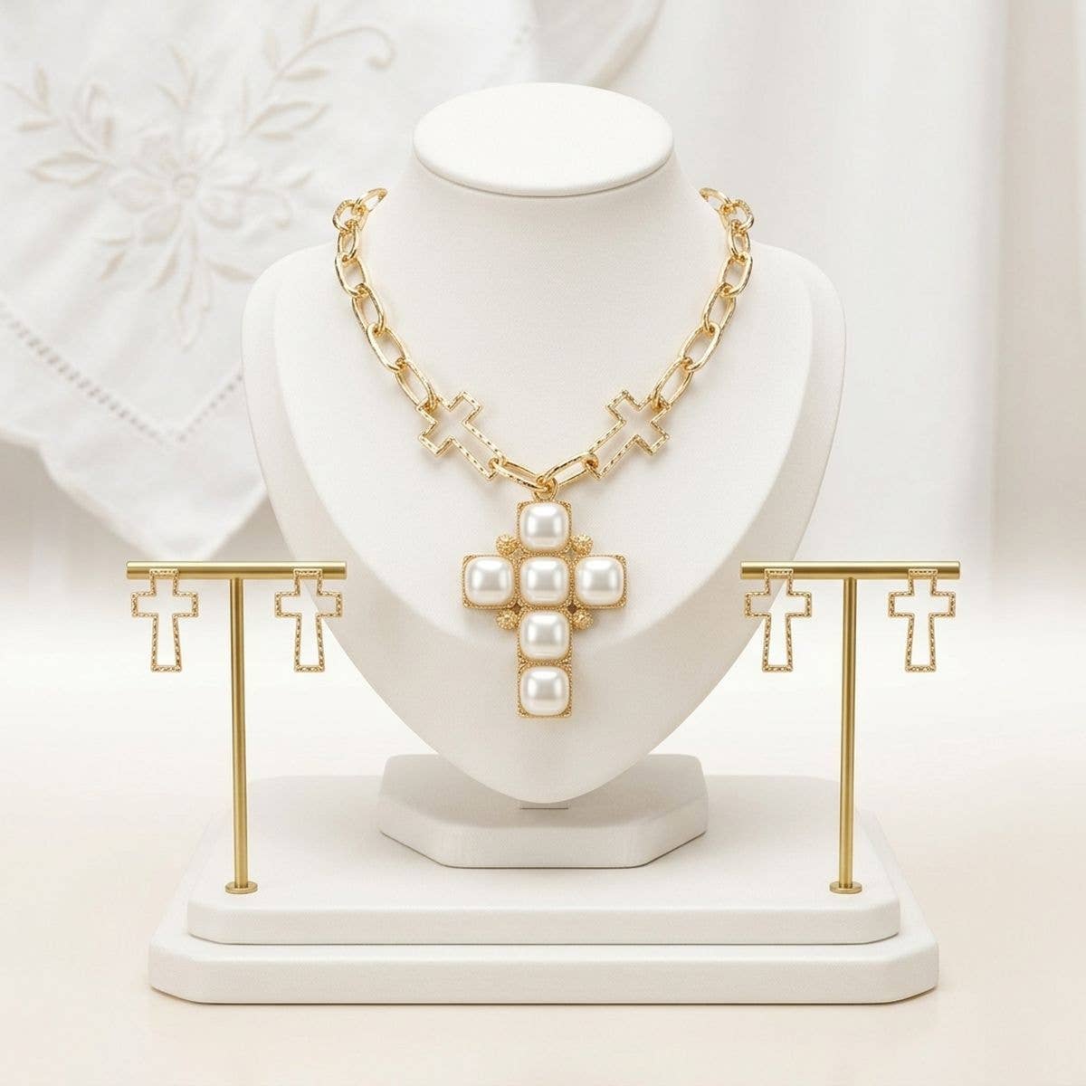 Cream Pearl Cross Pendant Gold Chain Necklace