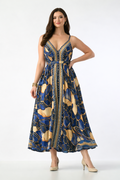 AB-16123  Geometric Print Maxi Dress with V-Neck & Adjustable Straps