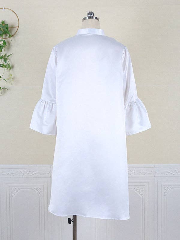 Urban Buttoned Solid Color Stand Collar Flared Sleeve Loose Mini Dress