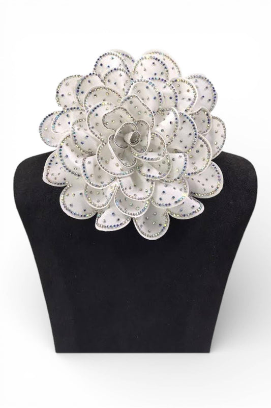 Oversized Rhinestone Pave Satin Flower Hair Clip Brooch