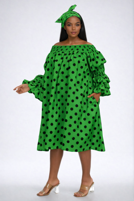 AD-25043-B090 Off Shoulder Ruffle Polka  DotSleeve   Midi Dress