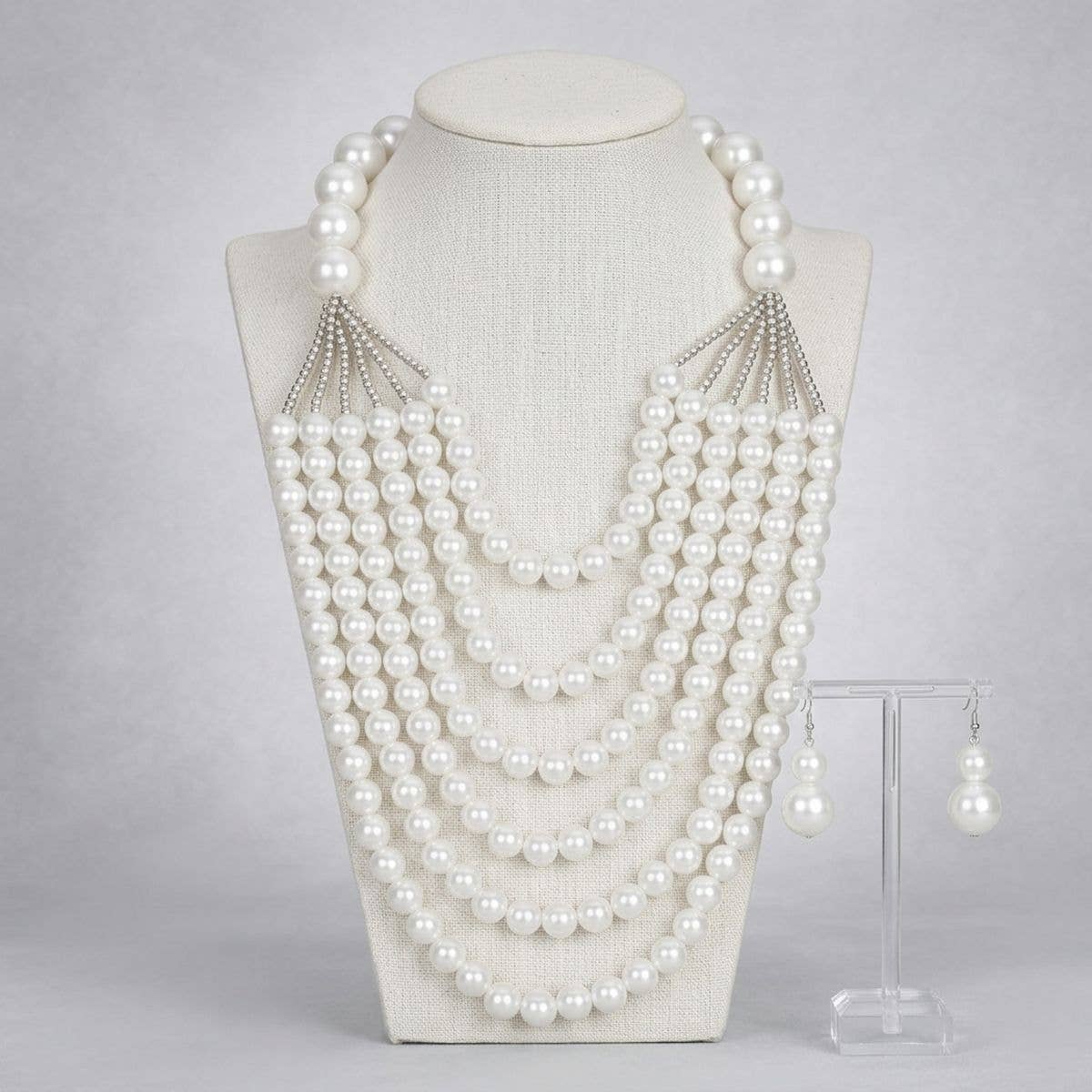 White Pearl Long Layer 6 Strand Chunky Necklace