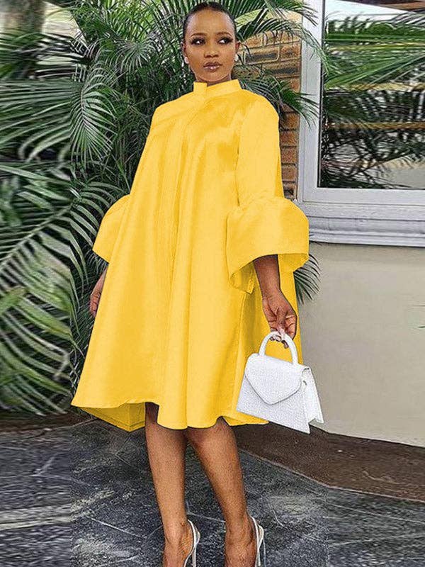 Urban Buttoned Solid Color Stand Collar Flared Sleeve Loose Mini Dress