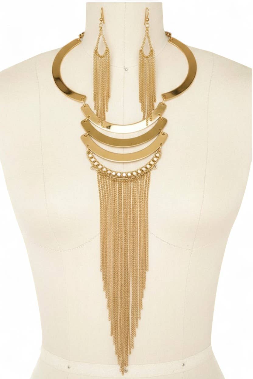 2 Tone Collar Fringe Chain Tassel Necklace Set