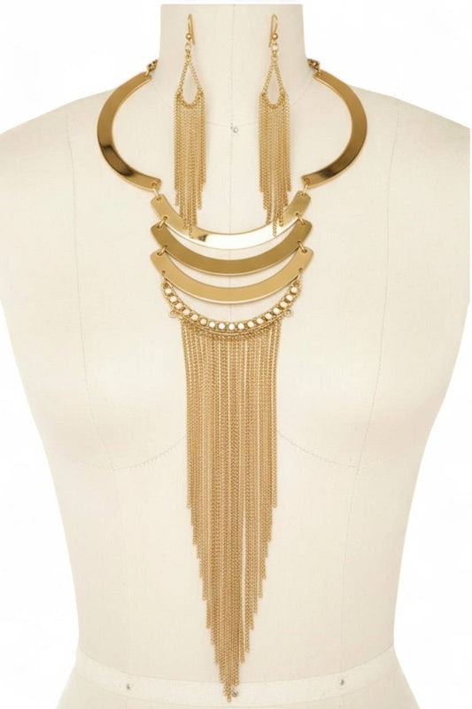 2 Tone Collar Fringe Chain Tassel Necklace Set