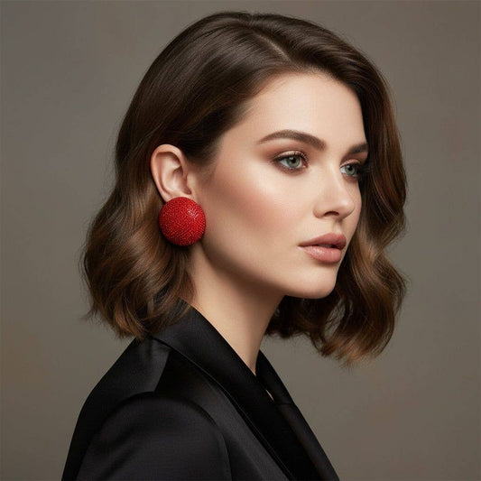 Clip On Oversized Domed Red Rhinestone Earrings
