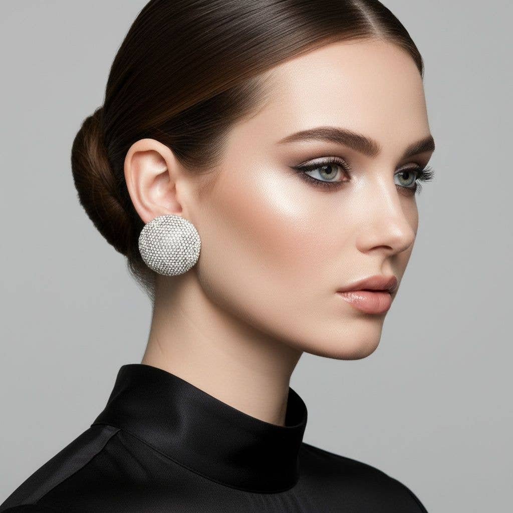 Clip On Oversized Domed Clear Rhinestone Earrings