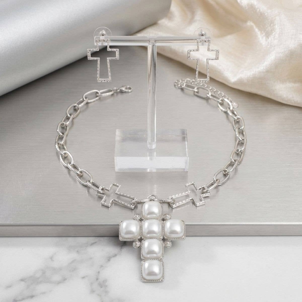 White Pearl Cross Pendant Silver Chain Necklace