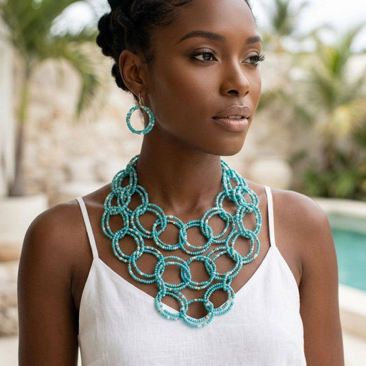 Bib Turquoise Seed Bead Link Triple Layer Necklace