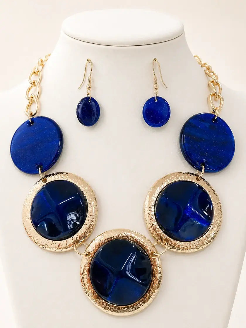Gold-Tone Blue Marbled Disc Statement Necklace & Earring Set