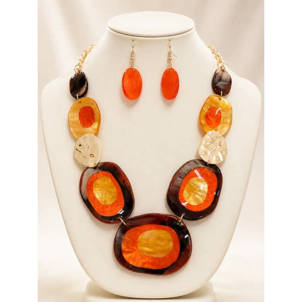 Orange & Brown Geometric Statement Necklace & Earrings Set