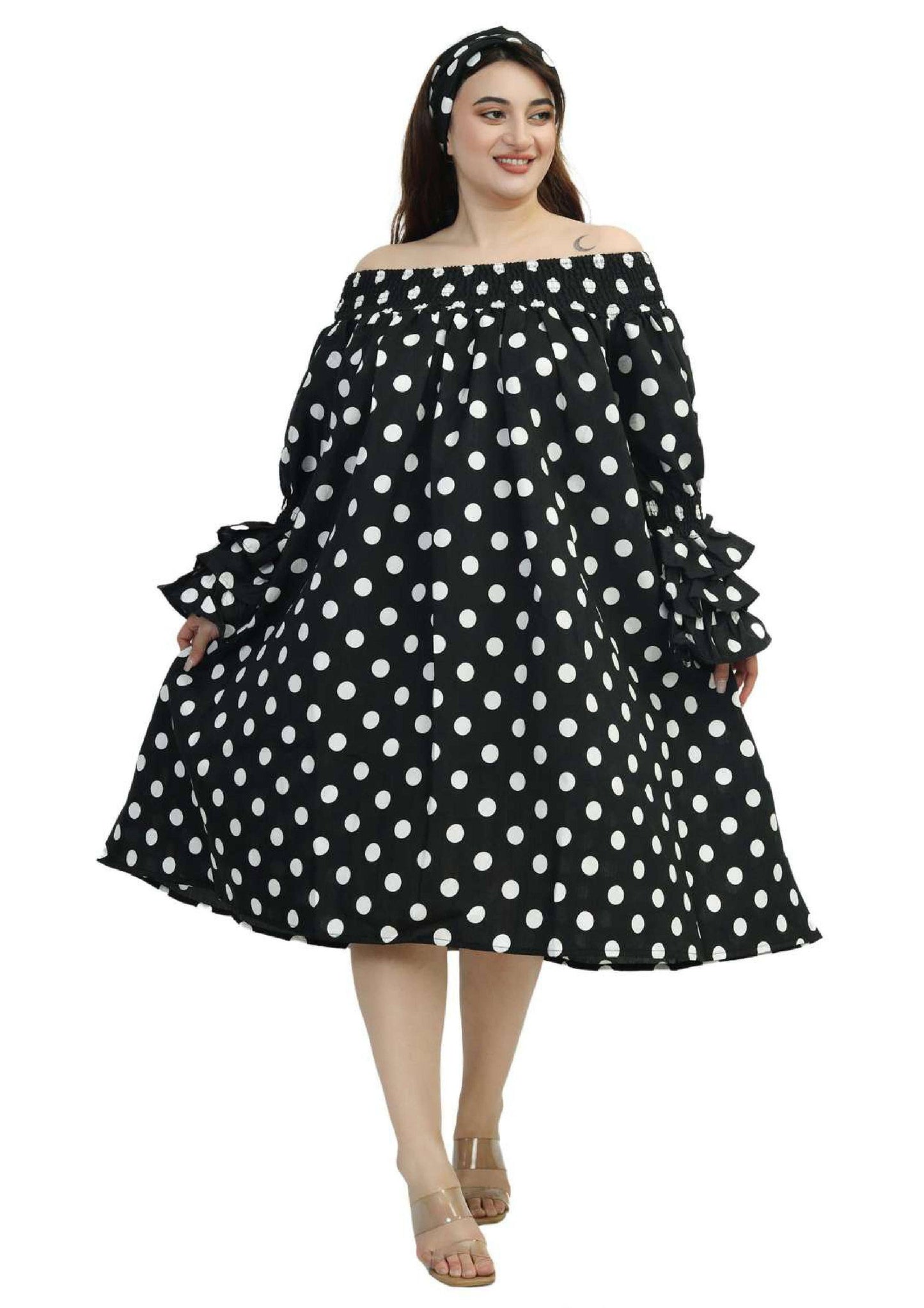 AD-25043-B090 Off Shoulder Ruffle Polka  DotSleeve   Midi Dress