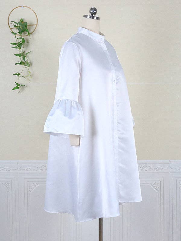 Urban Buttoned Solid Color Stand Collar Flared Sleeve Loose Mini Dress
