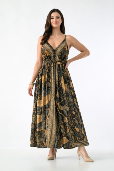 AB-16123  Geometric Print Maxi Dress with V-Neck & Adjustable Straps