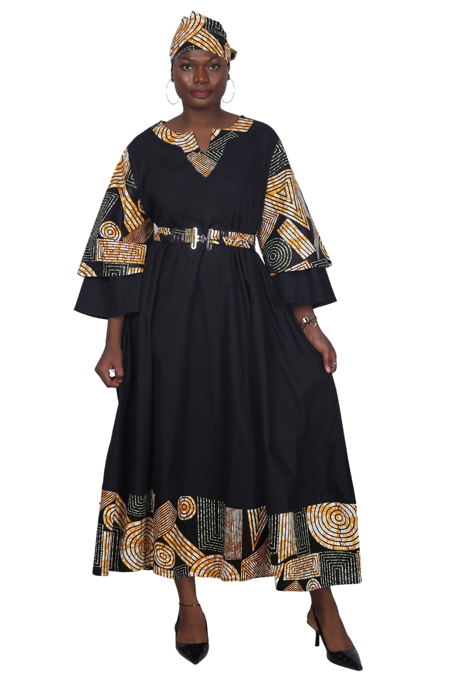 Belted Wax Print Maxi Dress AD-25085-271