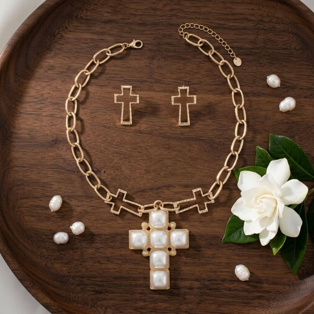 Cream Pearl Cross Pendant Gold Chain Necklace