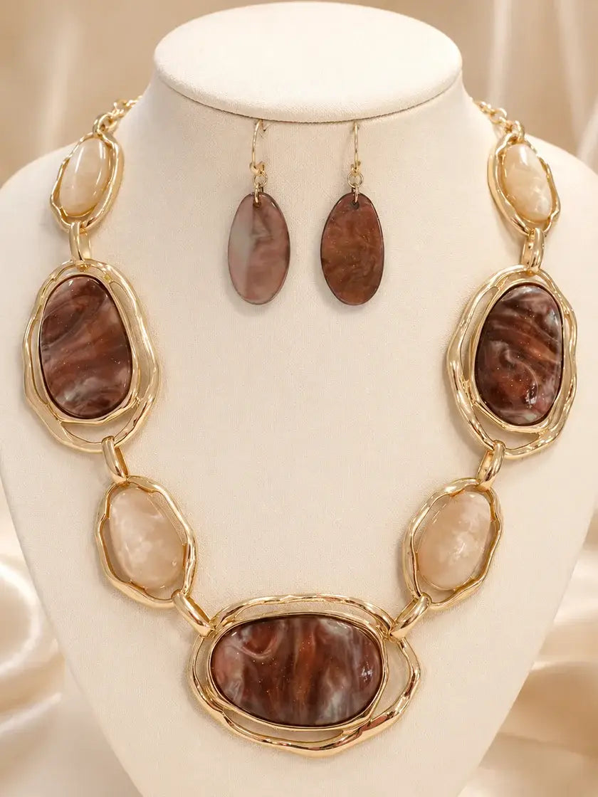 Brown Marbled Stone Statement Necklace Set