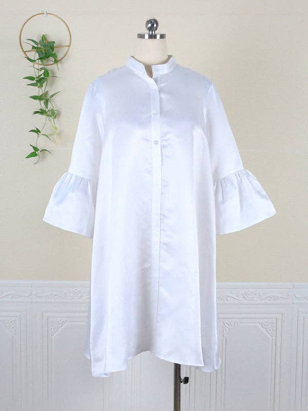 Urban Buttoned Solid Color Stand Collar Flared Sleeve Loose Mini Dress