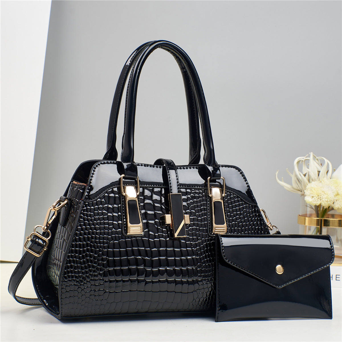 PRE-ORDER 2 in 1 Crocodile & Patent Satchel Pouch Set