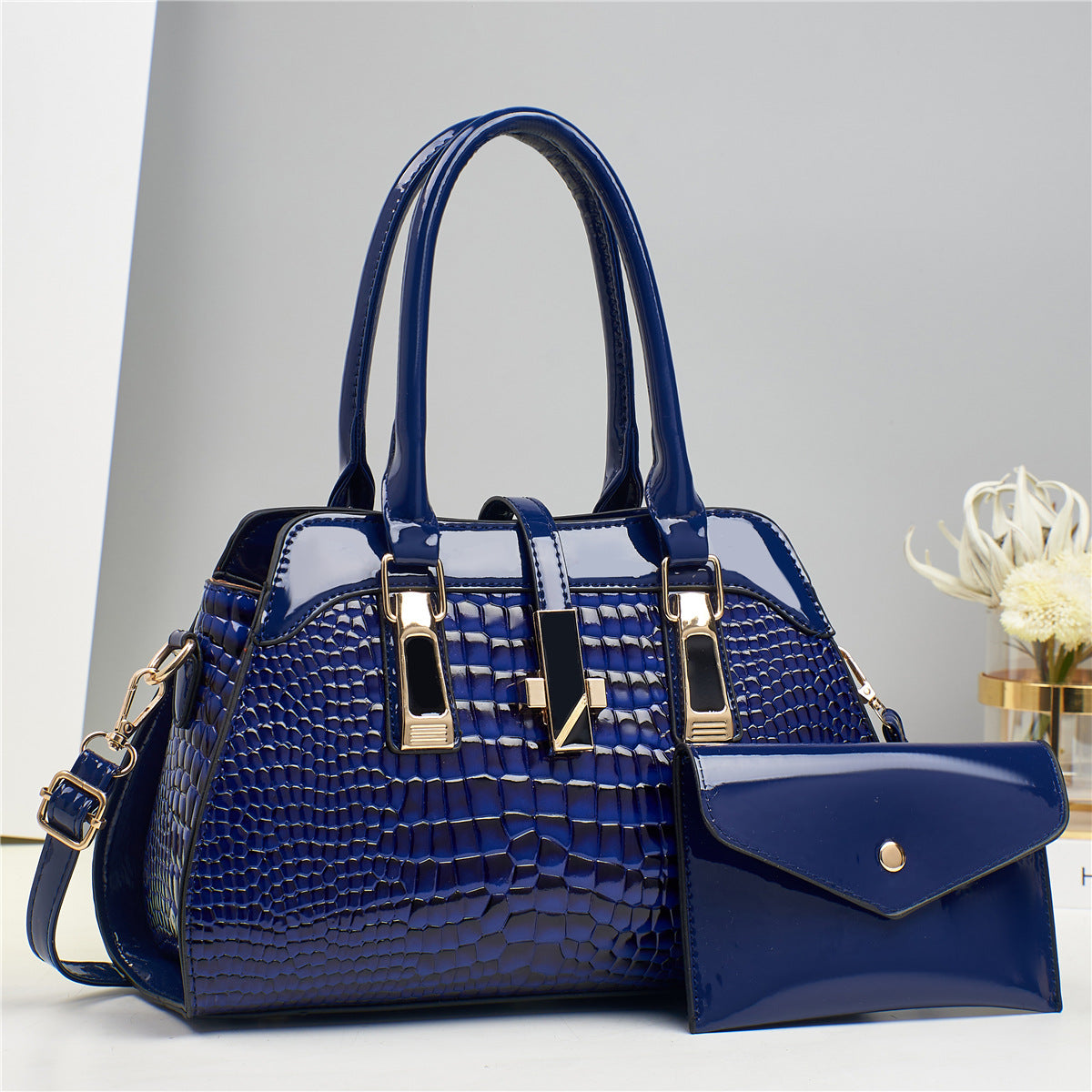 PRE-ORDER 2 in 1 Crocodile & Patent Satchel Pouch Set