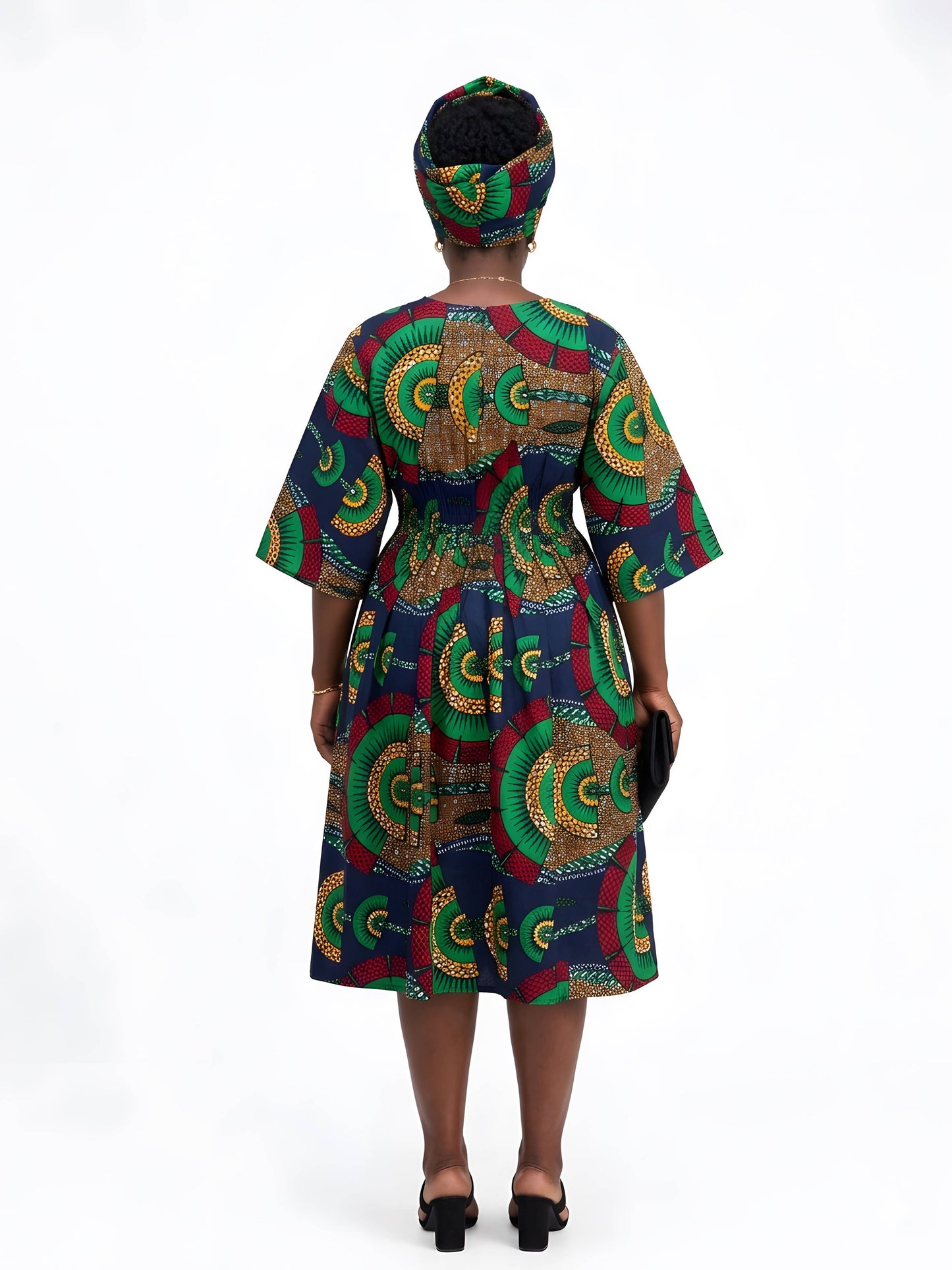 African Print Midi Dress with Matching Headwrap | One Size